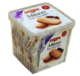 Pepperidge Farm Milano dark chocolate cookies in a tub, crisp texture ideal for sharing.