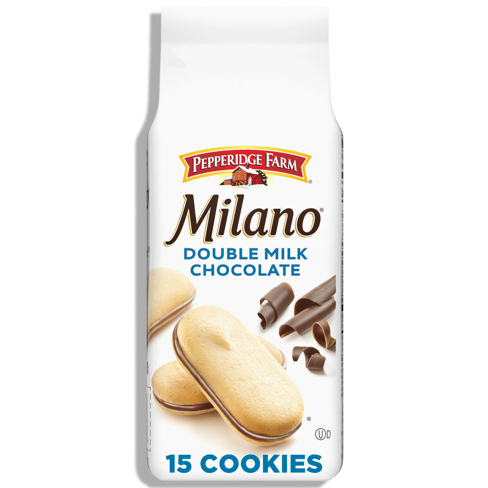 Pepperidge Farm Milano Double Milk Chocolate cookies in a bag, ideal for sharing