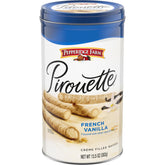 Pepperidge Farm Pirouette tin front with vanilla creme wafers, elegant tea time treat.