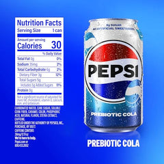 Close-up of Pepsi Prebiotic Cola can highlighting no artificial sweeteners
