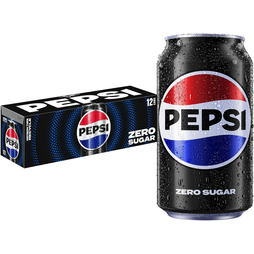 Pepsi Zero Sugar can front view, bold flavor without sugar.