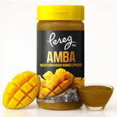 Pereg Amba sauce bottle showing tangy mango flavors ideal for shawarma topping.