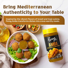 Pereg Amba sauce on a dipping plate offering bold tang for snacks.