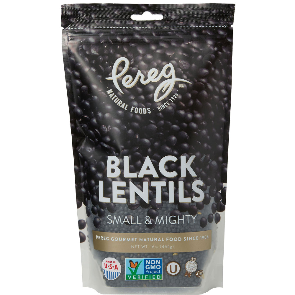 Pereg Whole Black Lentils bag on a kitchen counter for versatile vegan meals.