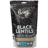 Pereg Whole Black Lentils bag on a kitchen counter for versatile vegan meals.
