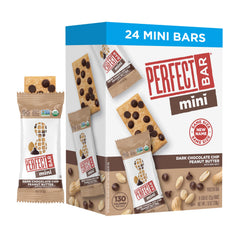 Perfect Bar Mini Dark Chocolate Chip Peanut Butter Bar pack, convenient refrigerated snack.