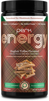 Perk Energy Drink Mix English Toffee canister for a festive caffeinated moment
