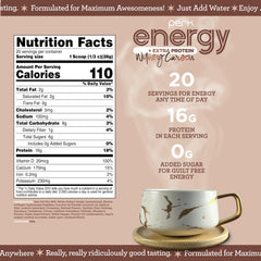 Perk Energy + Extra Protein Powder chai latte scoop highlights 16g protein per serving for workouts.