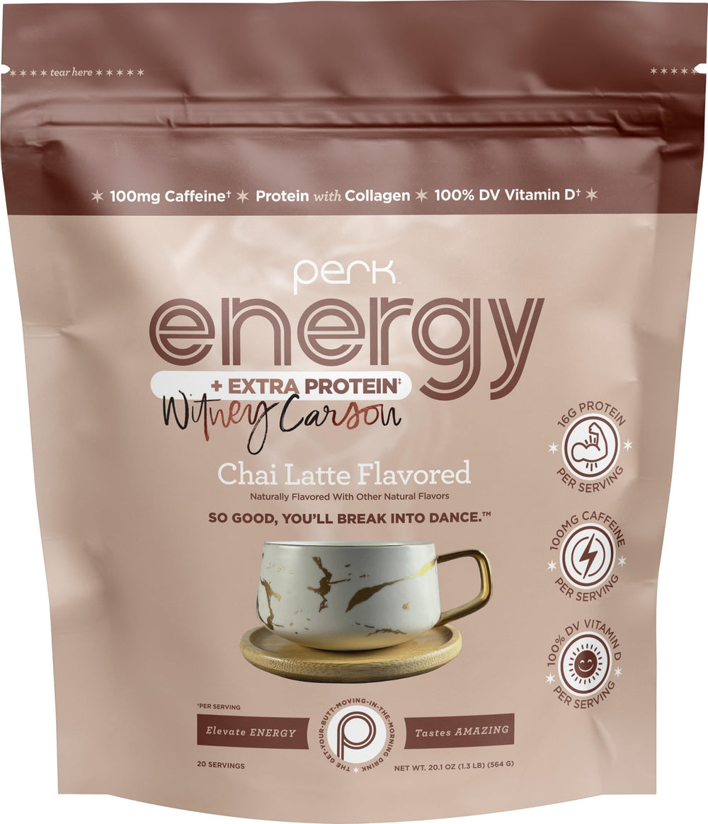 Perk Energy + Extra Protein Powder chai latte tub shows convenient daily energy boost.