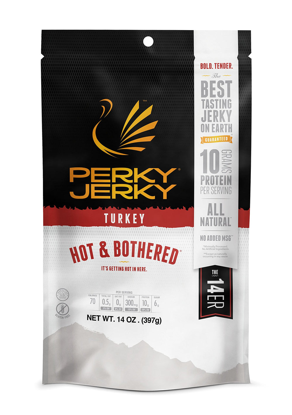 Perky Jerky Hot & Bothered close-up texture of tender, protein-rich turkey jerky.