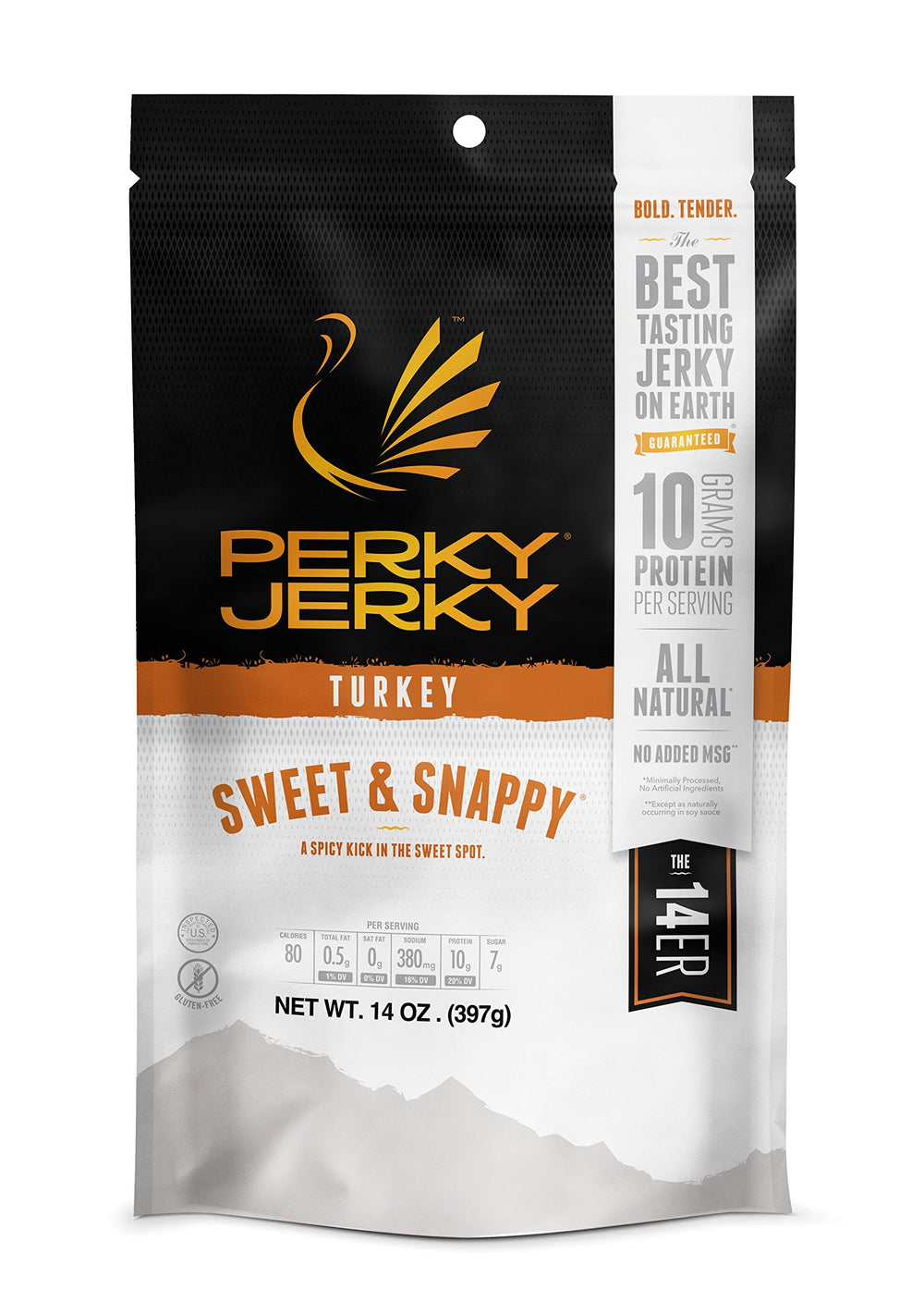 Perky Jerky Sweet & Snappy turkey jerky pack shot highlights bold flavor and convenient grab-and-go snacking.