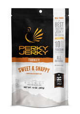 Perky Jerky Sweet & Snappy turkey jerky pack shot highlights bold flavor and convenient grab-and-go snacking.