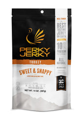 Perky Jerky Sweet & Snappy turkey jerky pack shot highlights bold flavor and convenient grab-and-go snacking.