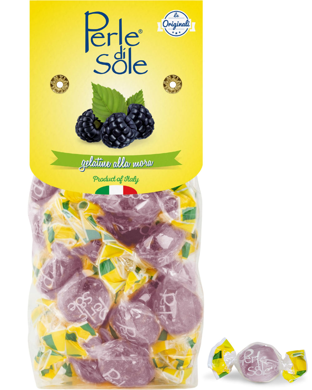 Perle di Sole Blackberry Jellies pack shot for Italian candy lovers.