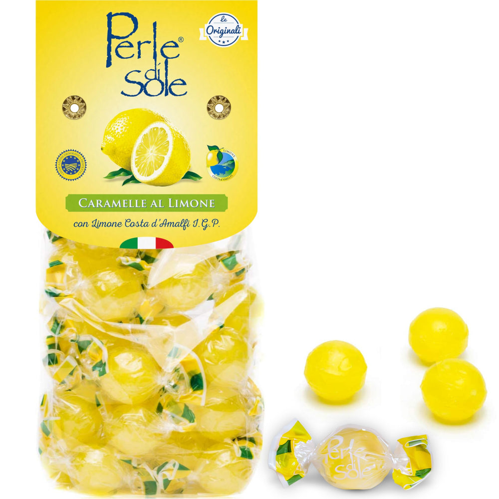 Perle di Sole Lemon Drops packaging highlights authentic Italian gift potential.