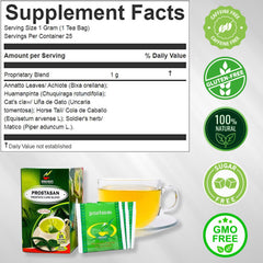 Annatto leaves tea bags closeup highlighting natural herbs in Prostasan blend.