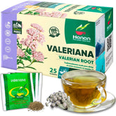 Peruvian Naturals Hanan Valerian Tea box front, inviting a calming nightly ritual.