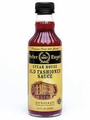Peter Luger steak sauce bottle front, enhances grilled steak with rich, savory depth.