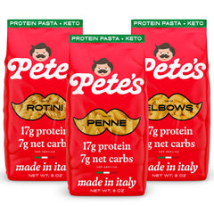 Pete's Pasta penne low-carb protein pasta in an 8oz pack for keto meals.