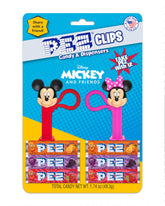 PEZ Mickey & Minnie clips keychain shows two mini dispensers for portable fun.