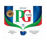 PG Tips Tasty Decaf box front shows convenient caffeine-free enjoyment any time.