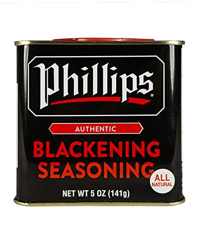 Phillips' Blackening Seasoning bottle closeup for bold seafood flavor