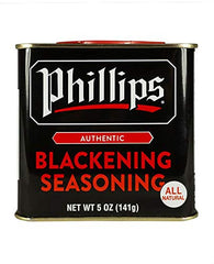 Phillips' Blackening Seasoning bottle closeup for bold seafood flavor
