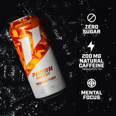 PHORM ENERGY Orange Fury label close-up shows natural caffeine origin