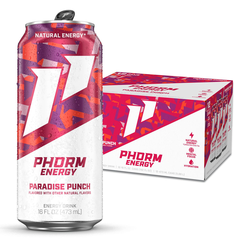 Phorm Energy Paradise Punch can front view highlighting energy boost and zero sugar