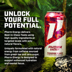 Phorm Energy Paradise Punch being poured into a glass showing tropical color