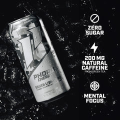 Phorm Energy Silver Lightning 12-pack on display, vegan and gluten-free.