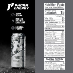 Phorm Energy Silver Lightning can back label shows sugar-free formula.