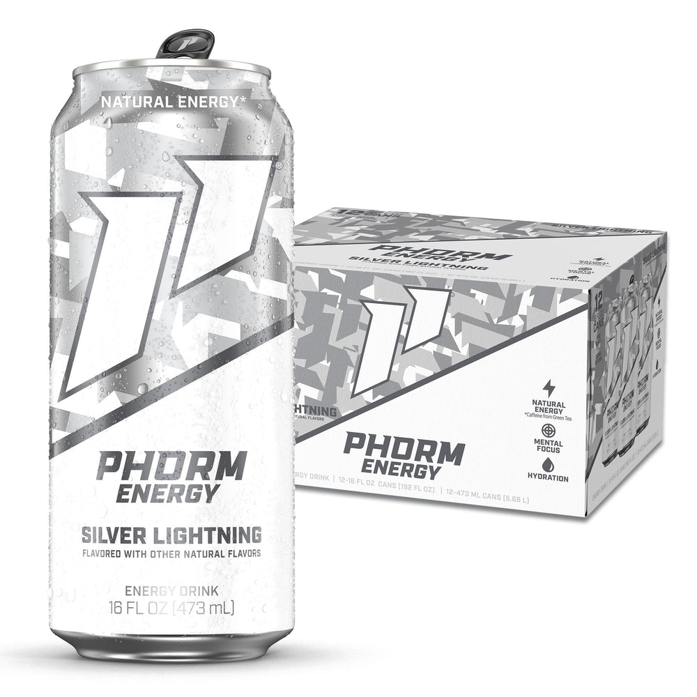 Phorm Energy Silver Lightning can front view with a crisp caffeine boost.
