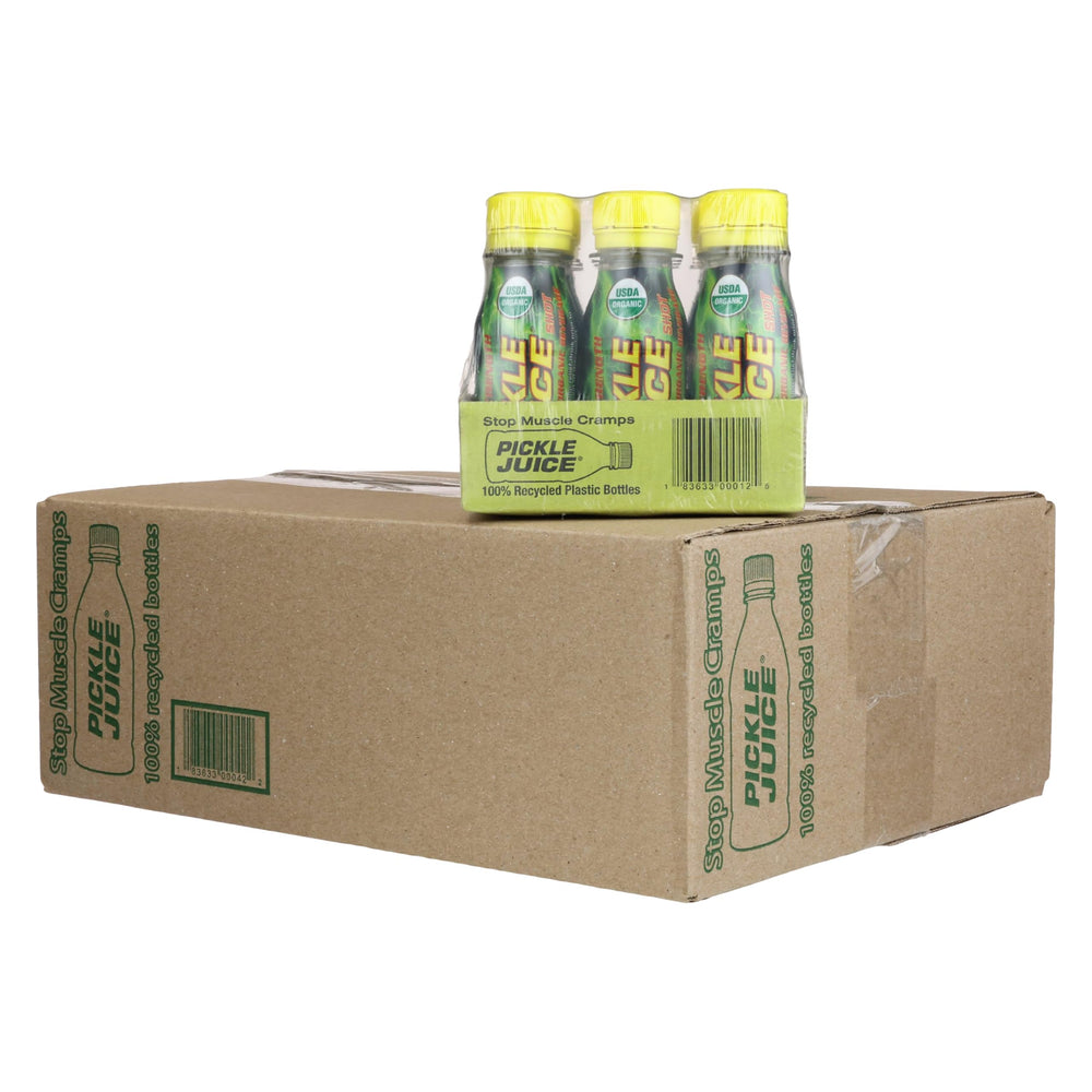 Pickle Juice Shots bottle front showing extra-strength formula for cramp relief