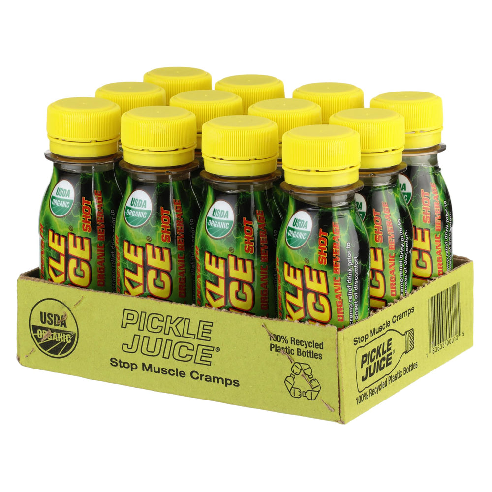 Pickle Juice Sports Shot bottle front view for quick daytime cramp relief.