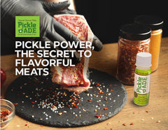 Kosher certified PickleAde pickle juice shot with turmeric on pantry shelf.
