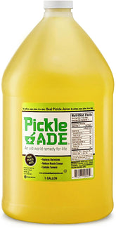 PickleAde Real Dill Pickle Juice Turmeric 1-gallon bottle on shelf for hydration and flavor.
