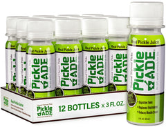 PickleAde real pickle juice shot with turmeric in a 3oz bottle for quick hydration.