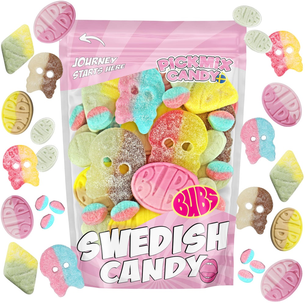 Pickmix Candy Sweden BUBS Mix 10oz pack featuring eight flavors for sharing.