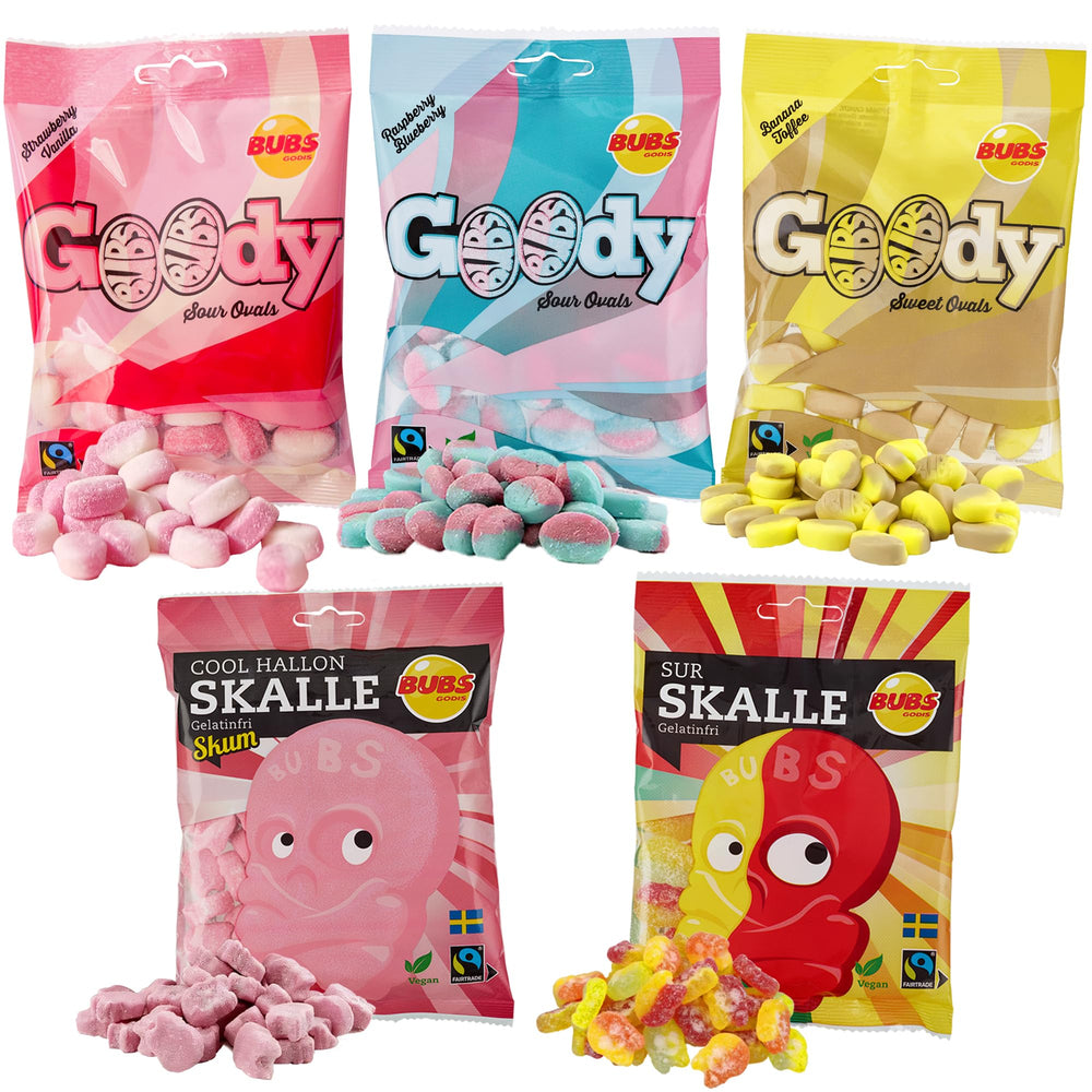 Pickmix Sweden Bubs 5-pack Raspberry Blueberry Ovals – vegan foam candy for fruity snacking.