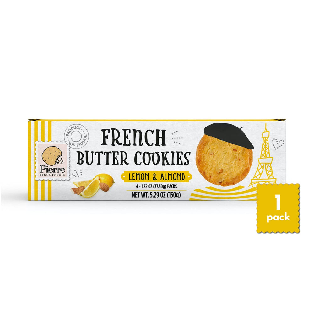 Pierre Biscuiterie lemon-almond cookies pack showing vibrant flavor and crisp texture.