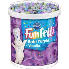 Pillsbury Bold Purple Funfetti Frosting bottle, creamy purple frosting perfect for cakes and cookies.