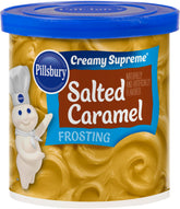 Pillsbury Creamy Supreme Salted Caramel Frosting tub front, gluten-free and kosher certified