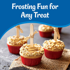 Pillsbury salted caramel frosting drizzle on brownies for a glossy caramel layer