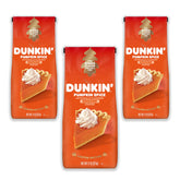 PILON Dunkin' Pumpkin Spice coffee three-pack on pantry shelf.