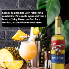Close-up of Jimoco Pineapple Syrup label highlighting cane sugar and natural flavors.