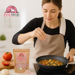 Pink Pantry finishing salt adds texture and pink sparkle to gourmet dishes.
