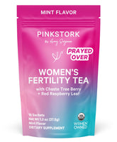 Pink Stork Fertility Tea packaging promotes preconception wellness.