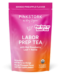 Pink Stork Labor Prep Tea cup steeping for a comforting labor prep ritual.