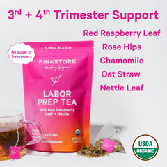 Dried herbs of Pink Stork tea: raspberry leaf, chamomile, rosehip